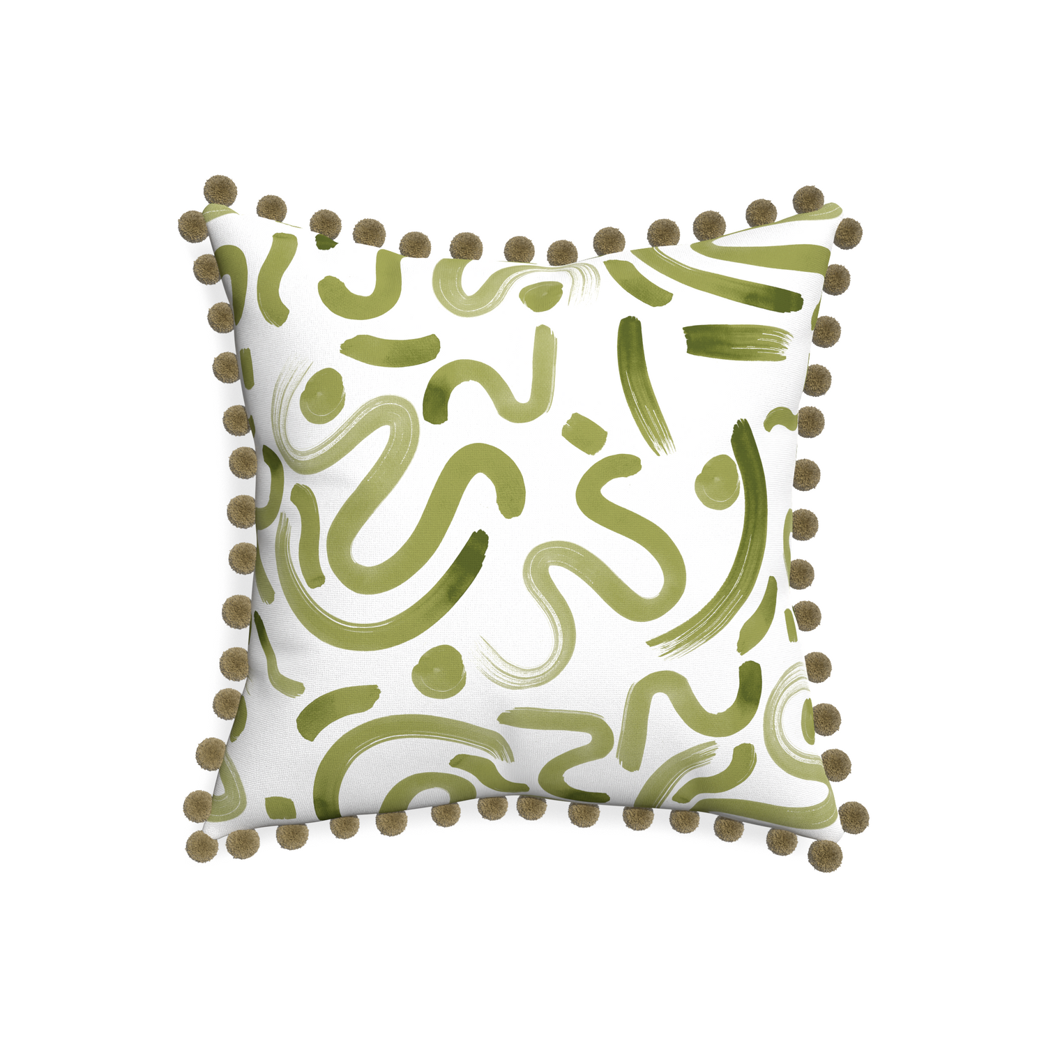 20-square hockney moss custom pillow with olive pom pom on white background