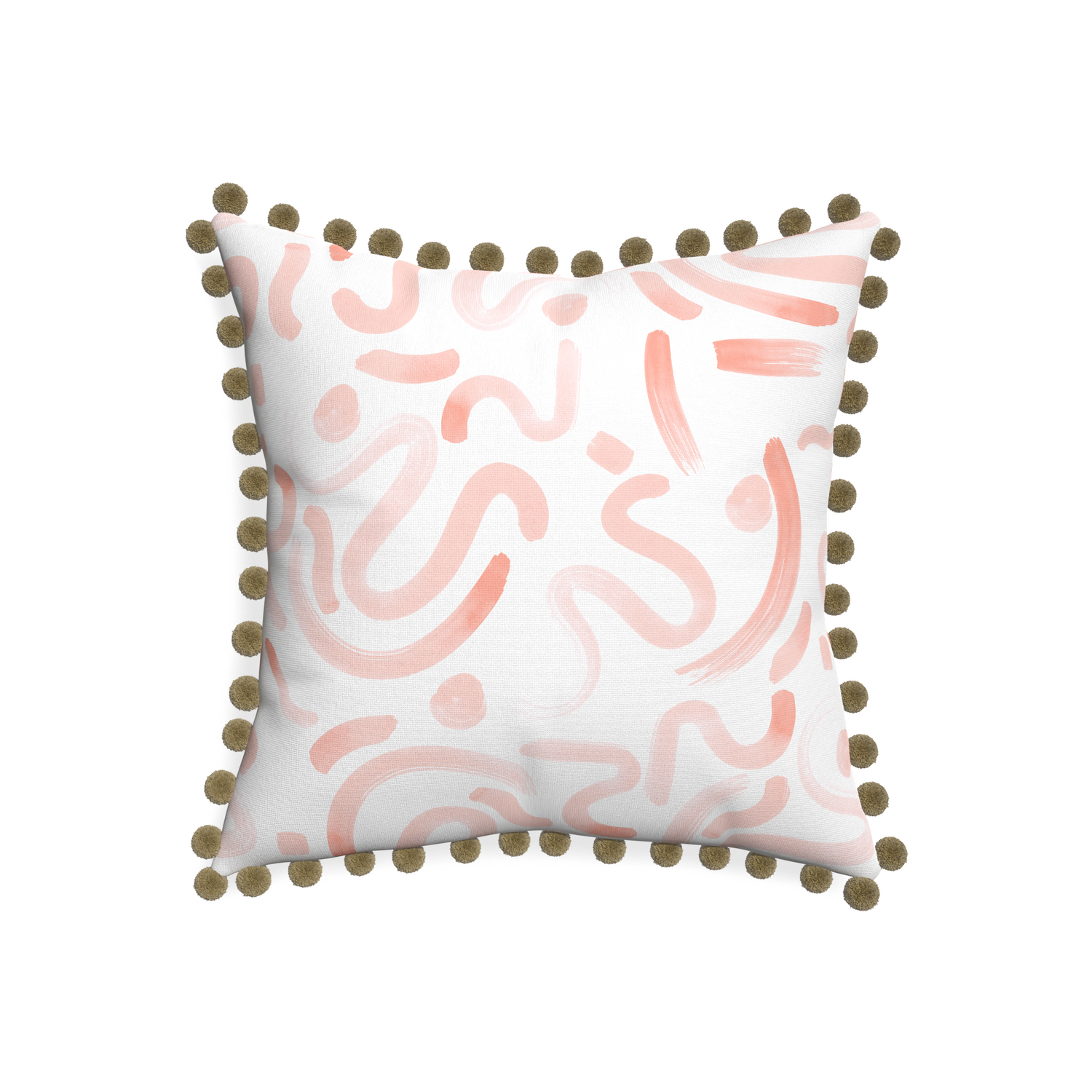 20-square hockney pink custom pillow with olive pom pom on white background