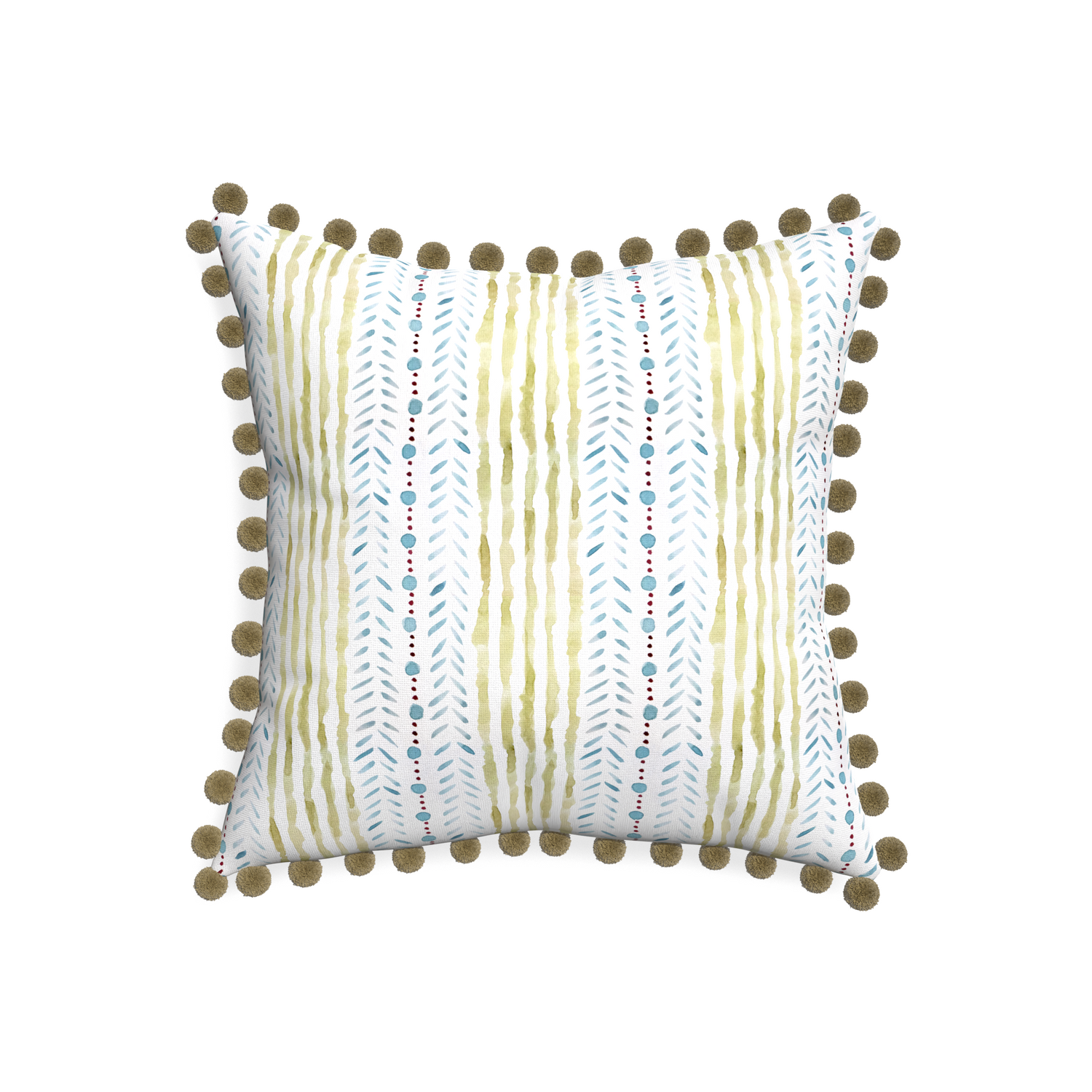 20-square julia custom blue & green stripedpillow with olive pom pom on white background
