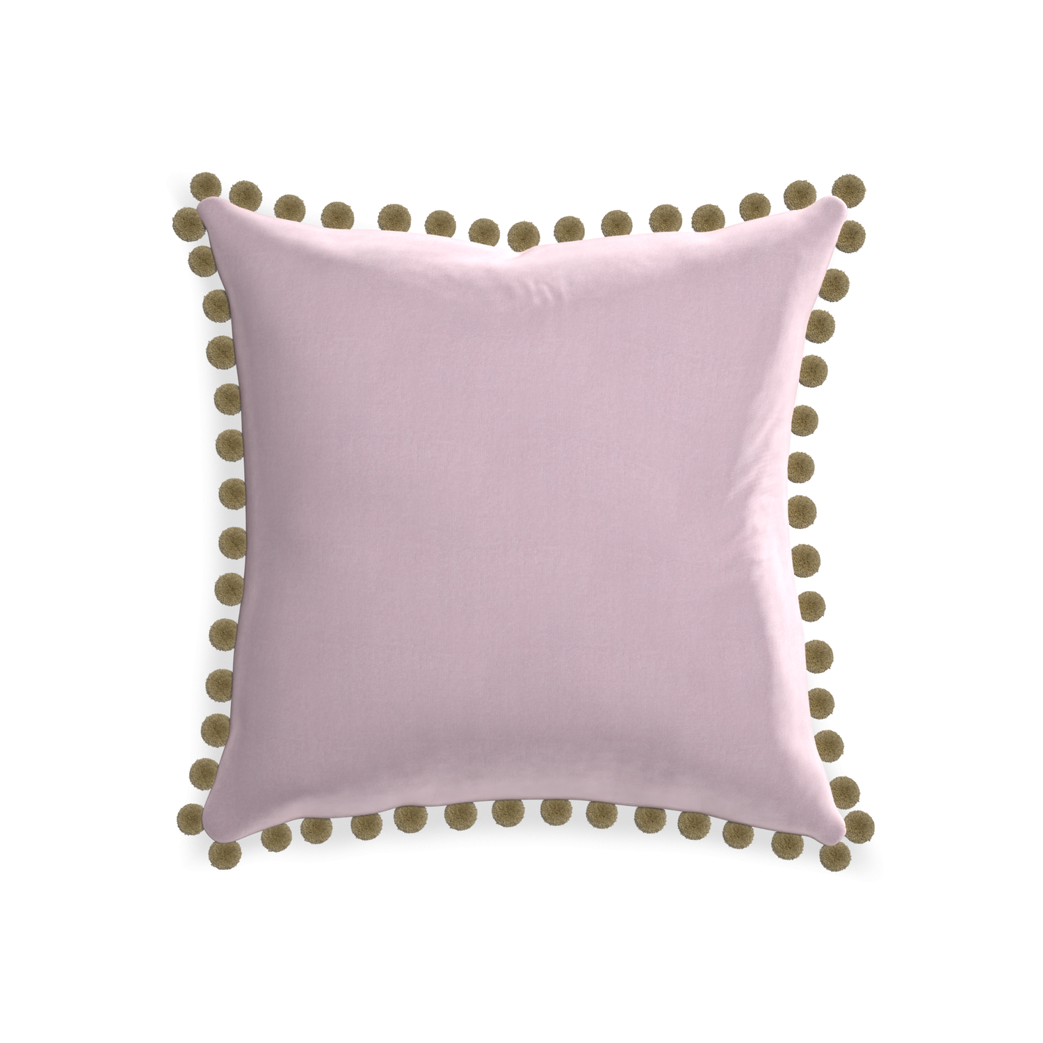 square lilac velvet pillow with olive green pom poms