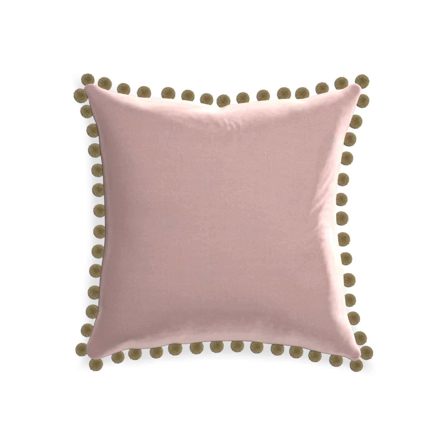 square mauve velvet pillow with olive green pom poms