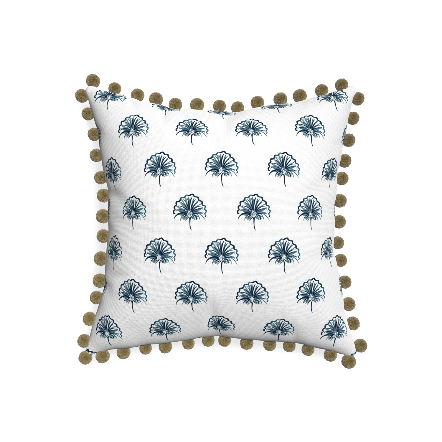 20-square penelope midnight custom pillow with olive pom pom on white background