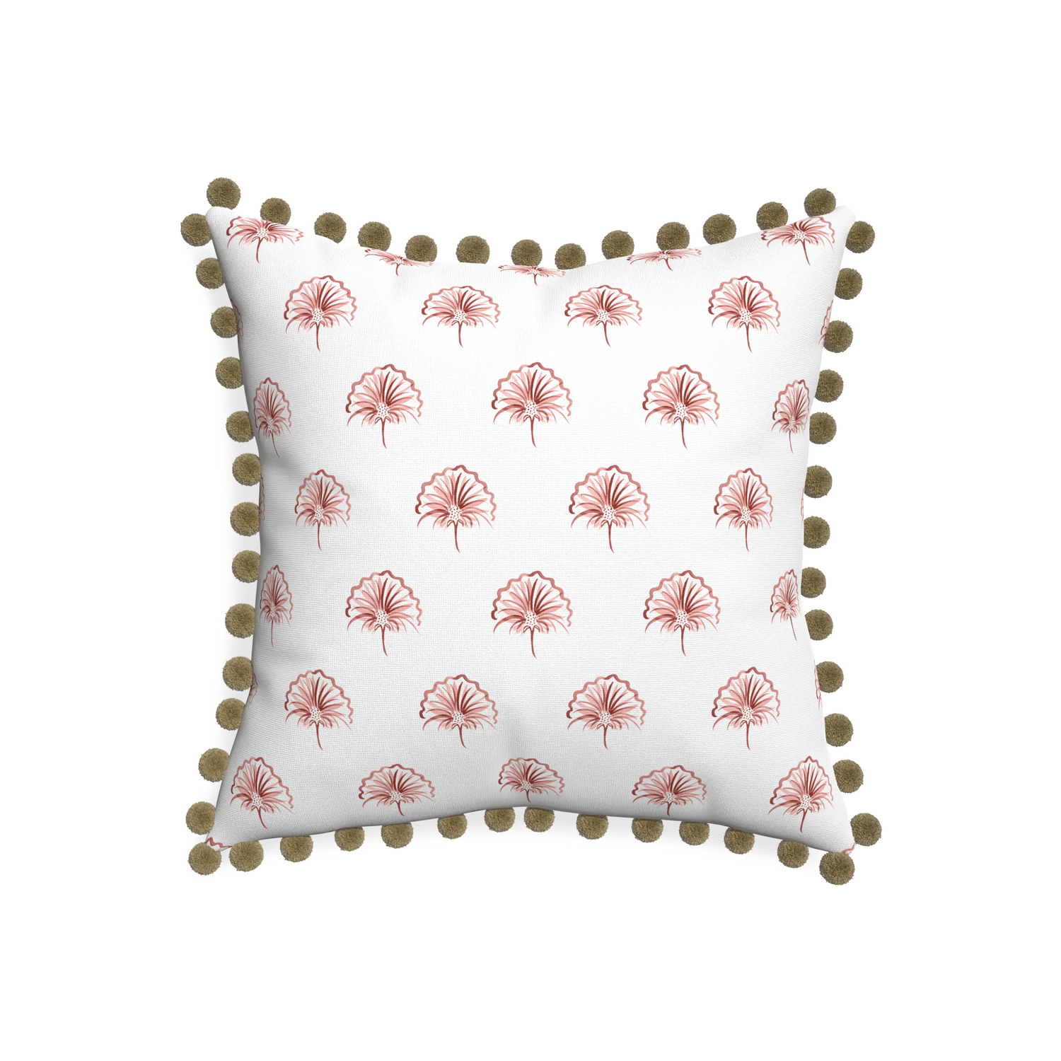 20-square penelope rose custom floral pinkpillow with olive pom pom on white background