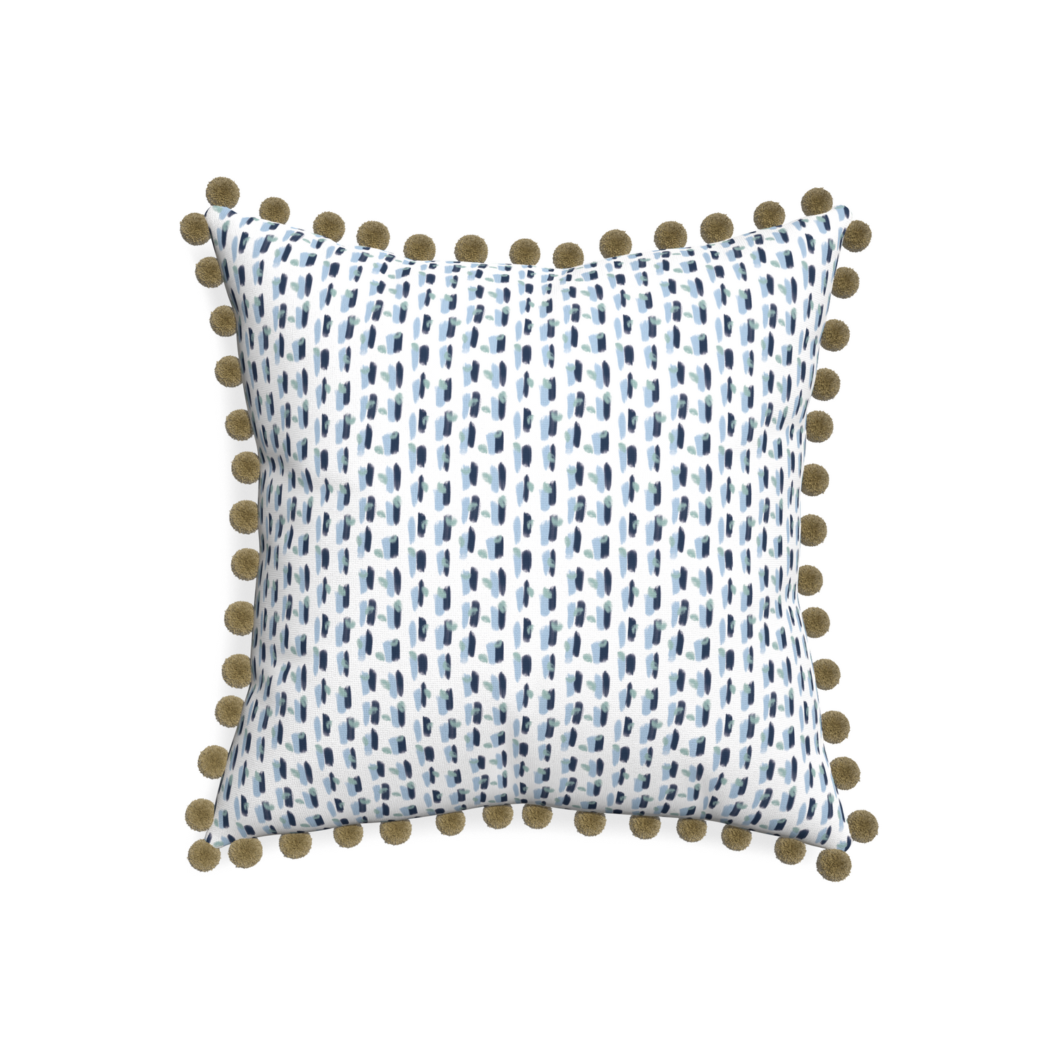 20-square poppy blue custom pillow with olive pom pom on white background