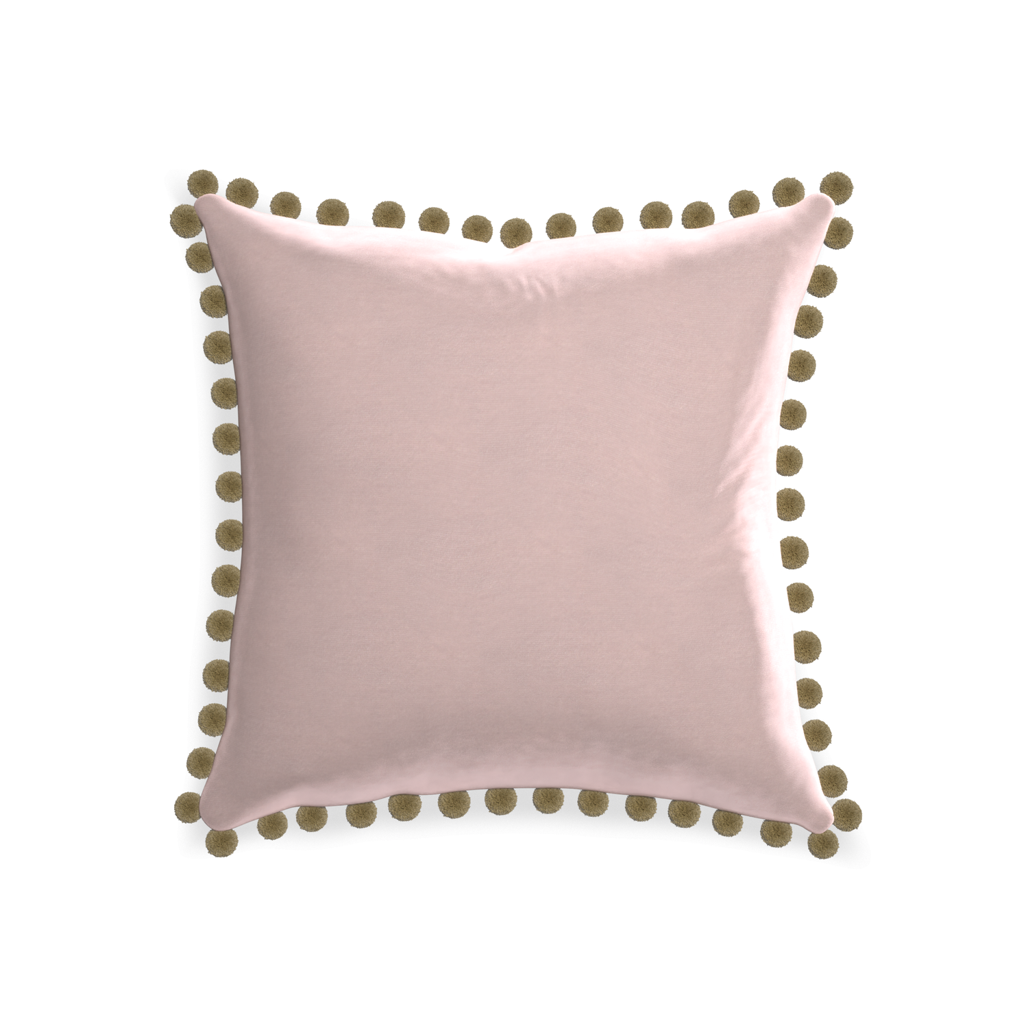 20-square rose velvet custom pillow with olive pom pom on white background