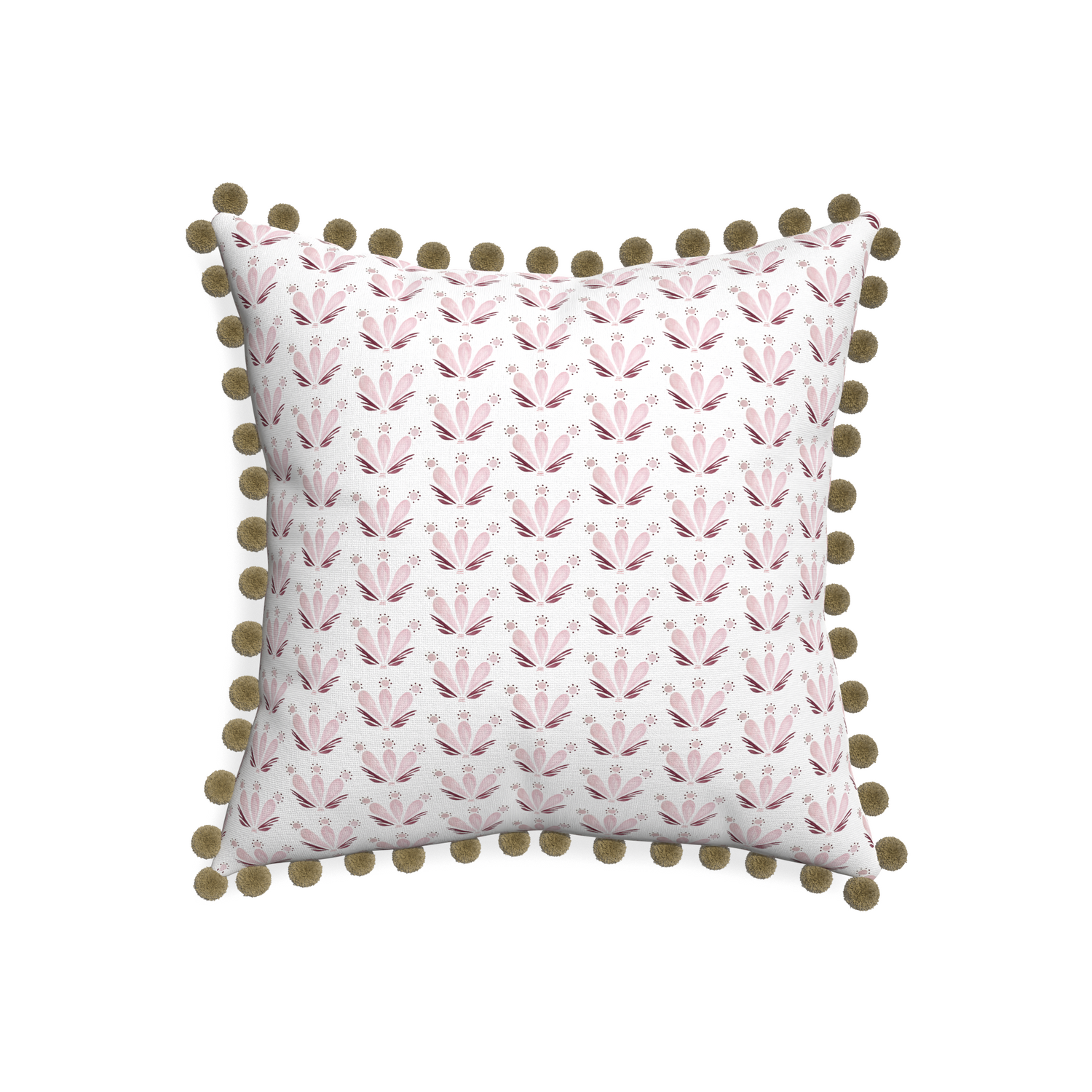 20-square serena pink custom pink & burgundy drop repeat floralpillow with olive pom pom on white background