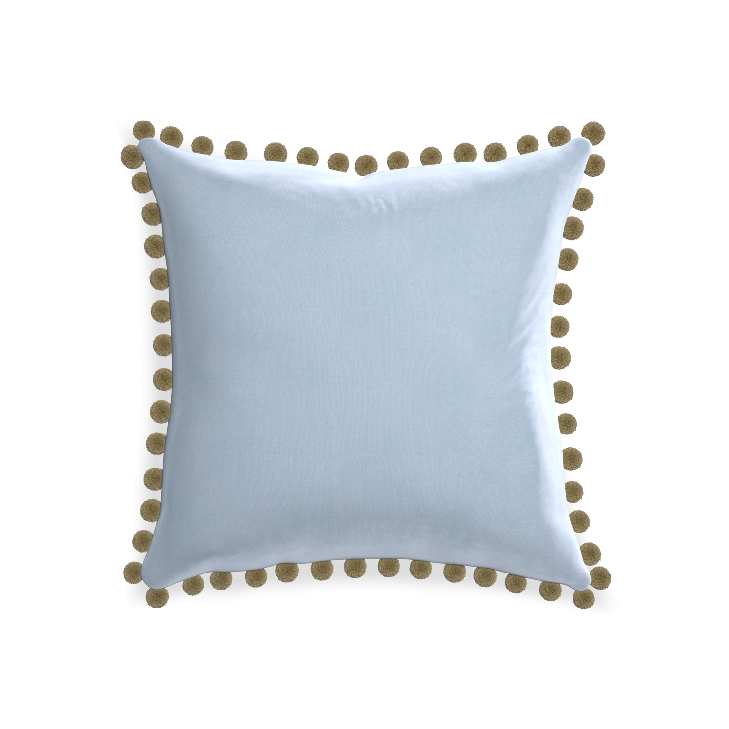 20-square sky velvet custom pillow with olive pom pom on white background