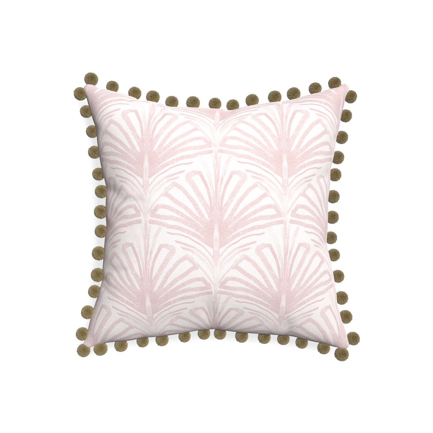 20-square suzy rose custom rose pink palmpillow with olive pom pom on white background