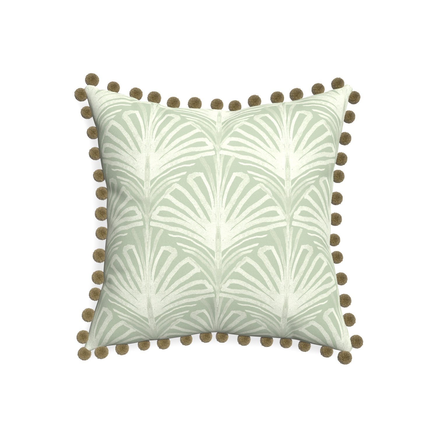 20-square suzy sage custom pillow with olive pom pom on white background