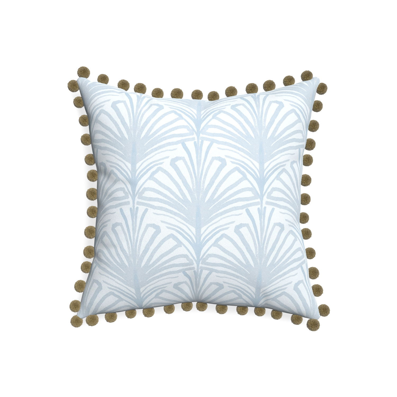 20-square suzy sky custom pillow with olive pom pom on white background