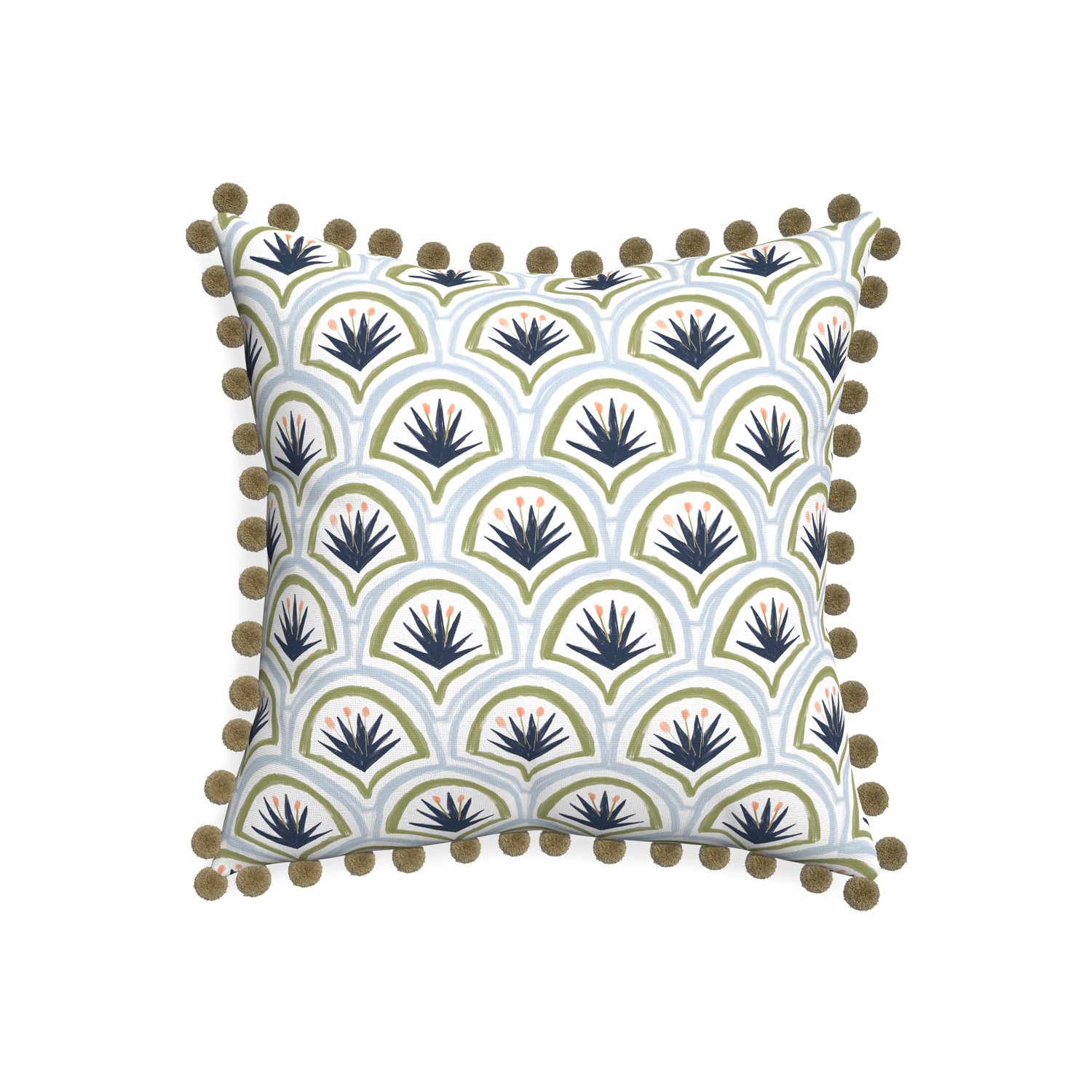 20-square thatcher midnight custom art deco palm patternpillow with olive pom pom on white background