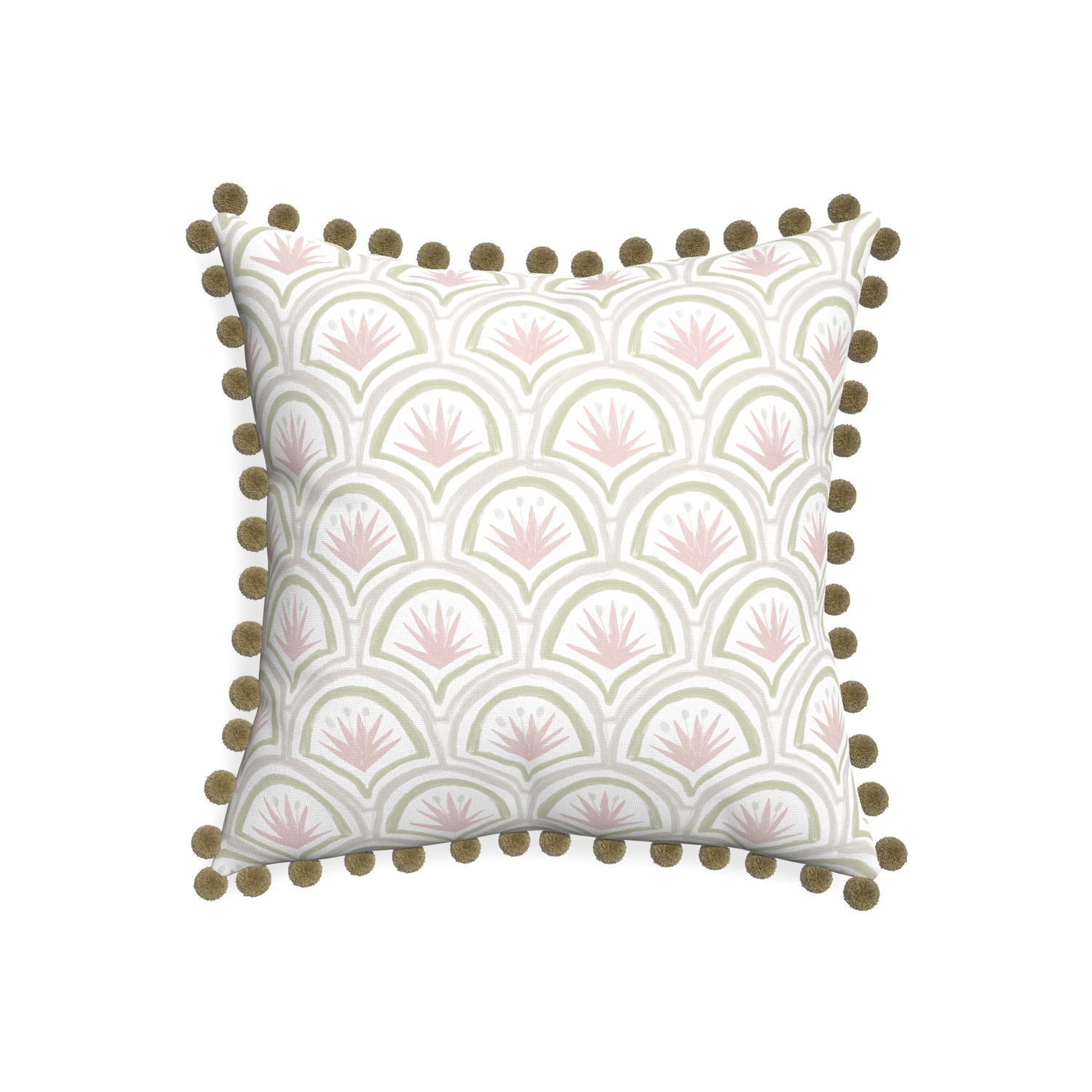 20-square thatcher rose custom pillow with olive pom pom on white background
