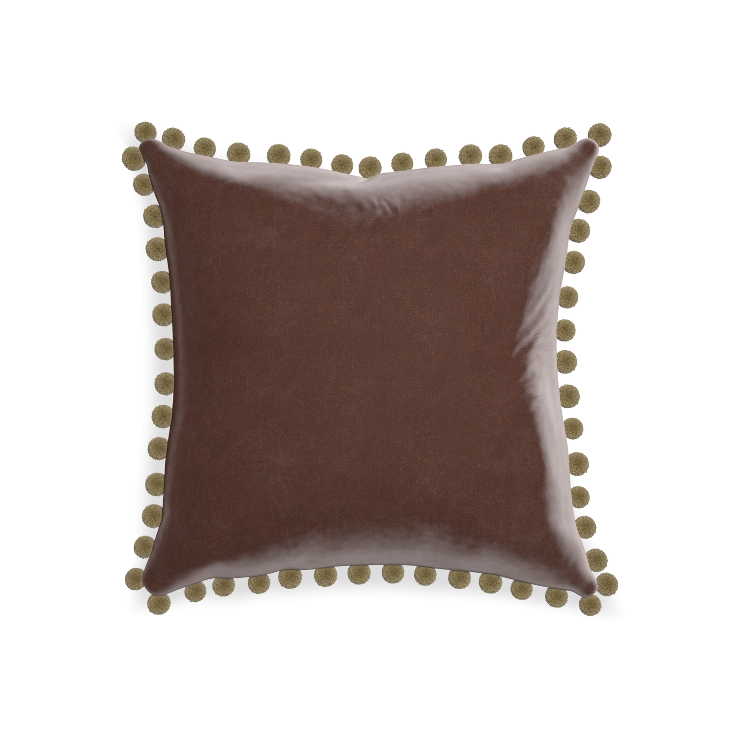 20-square walnut velvet custom pillow with olive pom pom on white background