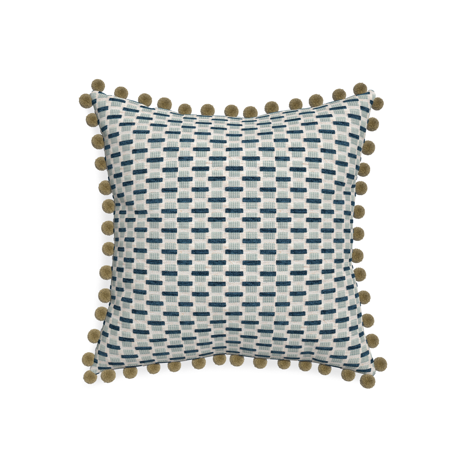 20-square willow amalfi custom blue geometric chenillepillow with olive pom pom on white background