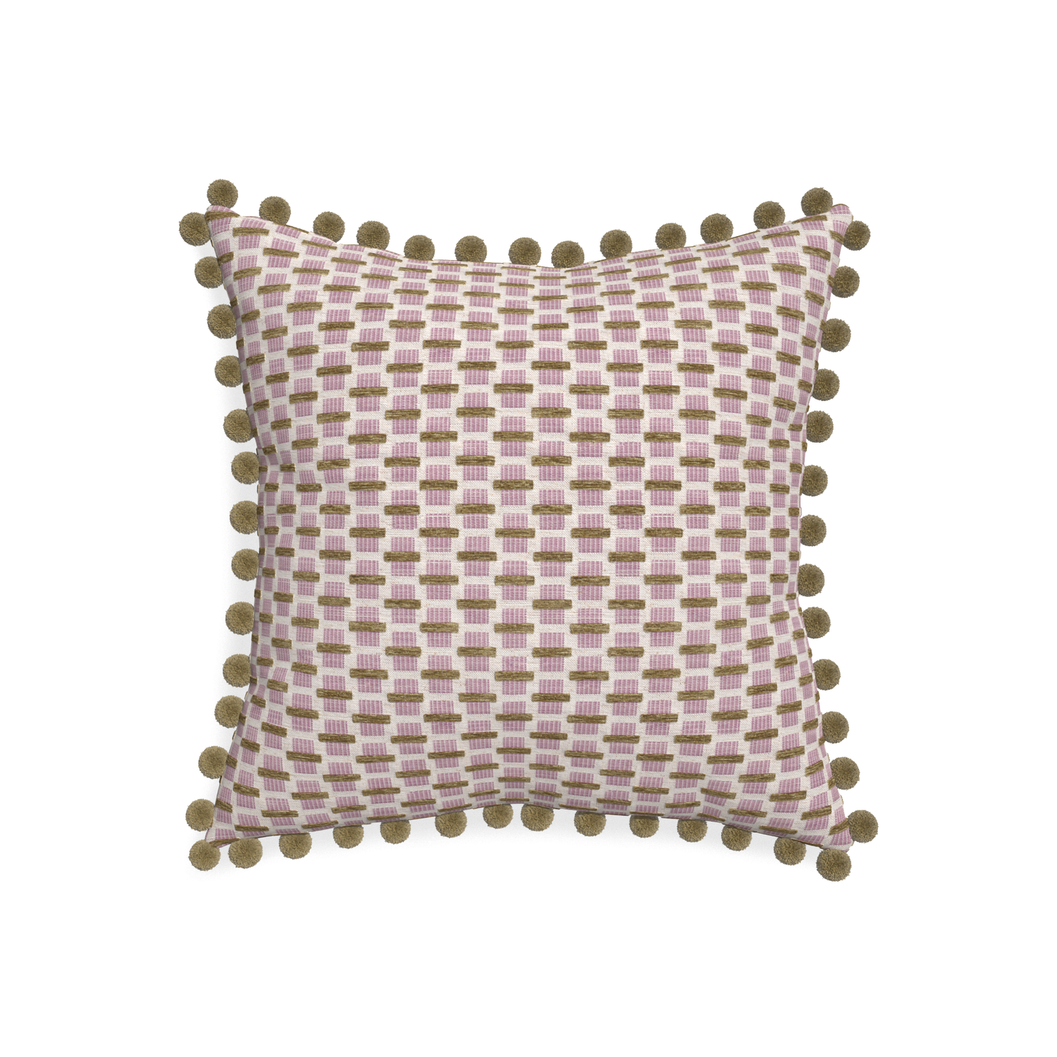 20-square willow orchid custom pink geometric chenillepillow with olive pom pom on white background