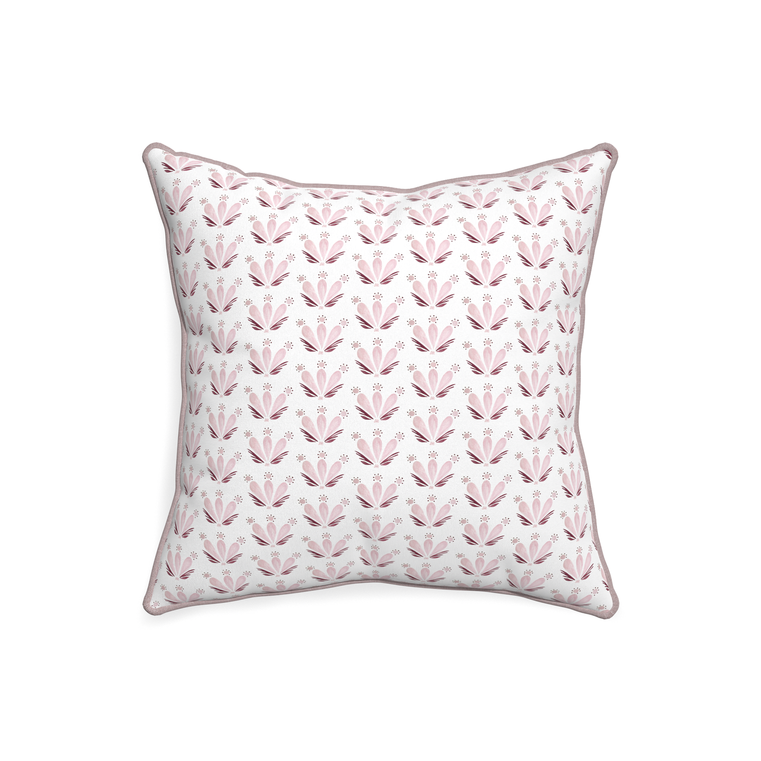 20-square serena pink custom pink & burgundy drop repeat floralpillow with orchid piping on white background