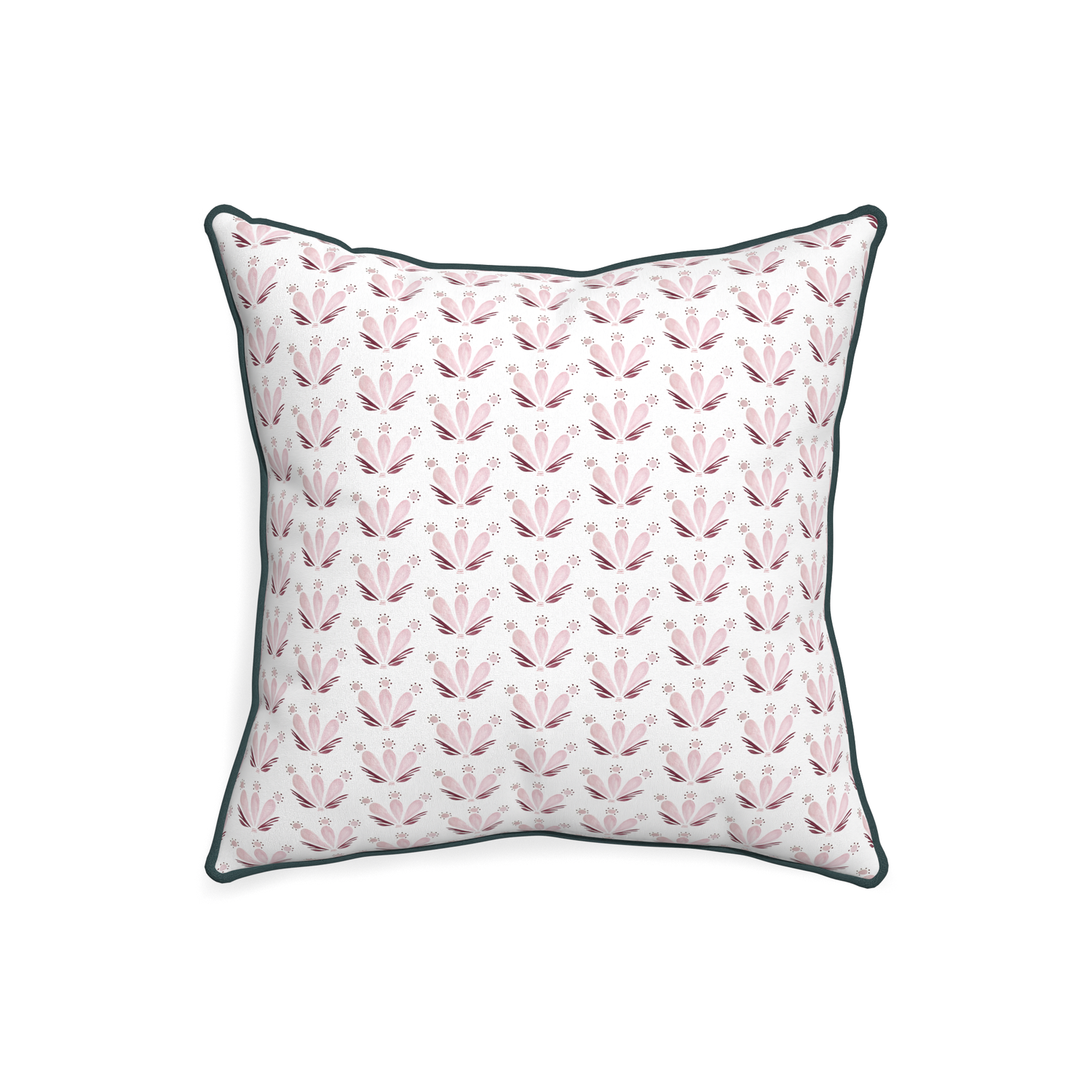 20-square serena pink custom pink & burgundy drop repeat floralpillow with p piping on white background