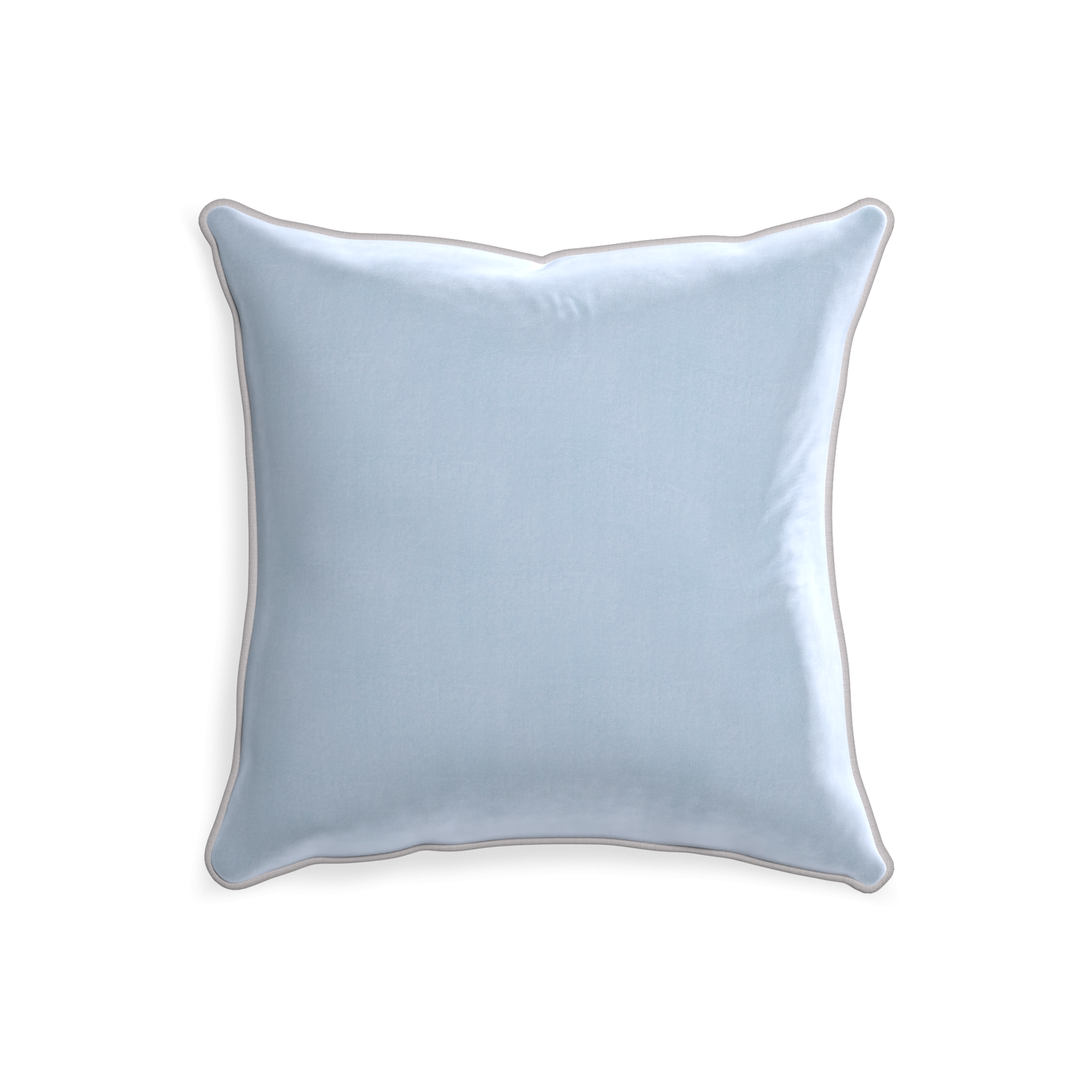 square light blue velvet pillow with grey piping