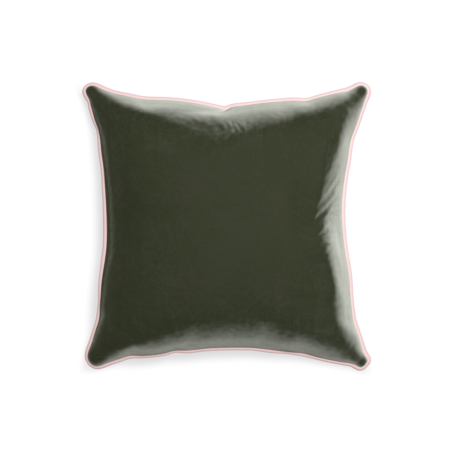 square fern green velvet pillow with light pink piping