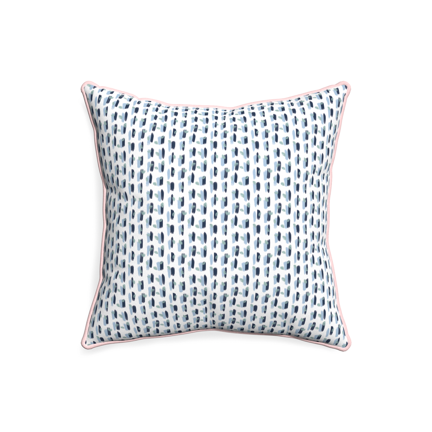 20-square poppy blue custom pillow with petal piping on white background