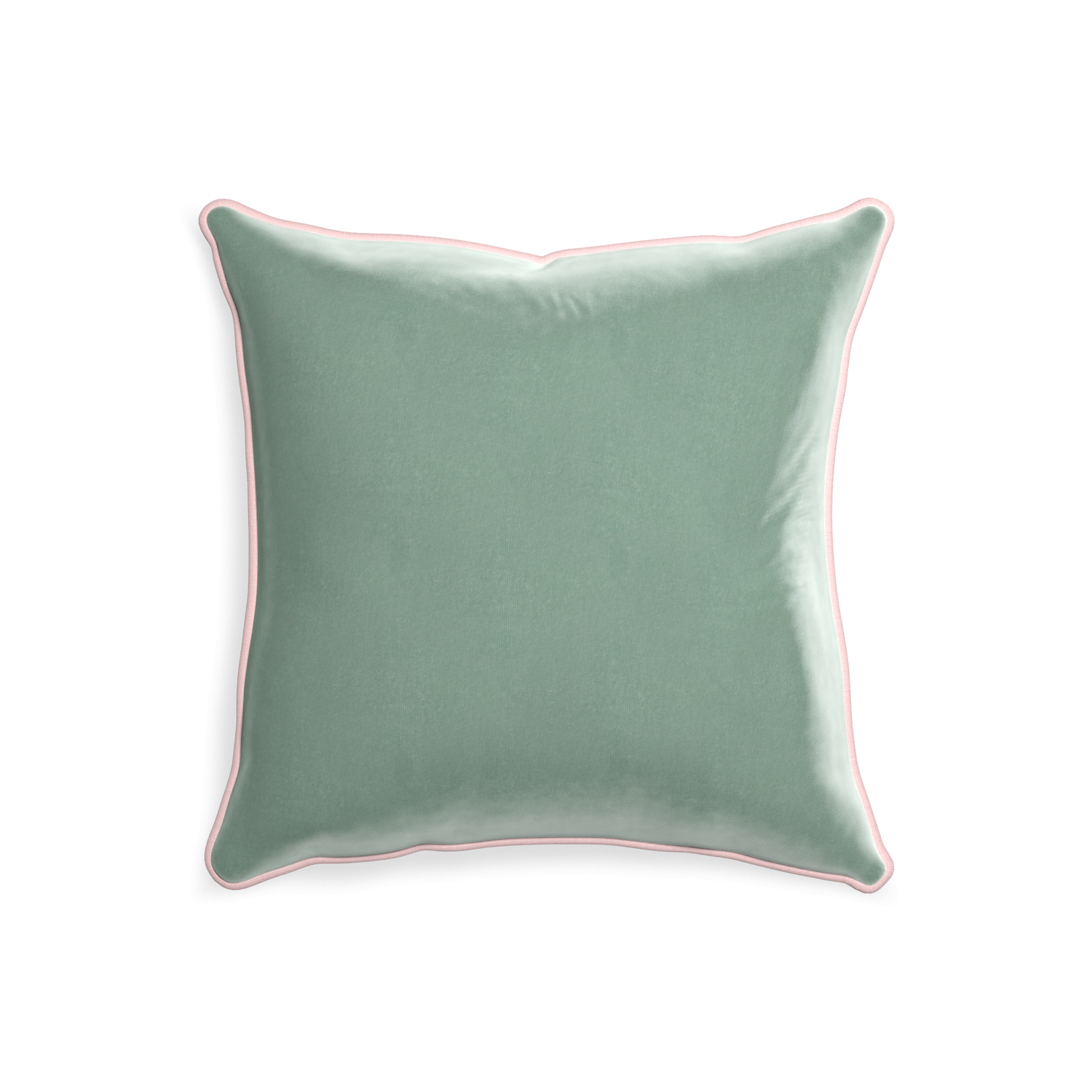 square blue green velvet pillow with light pink piping