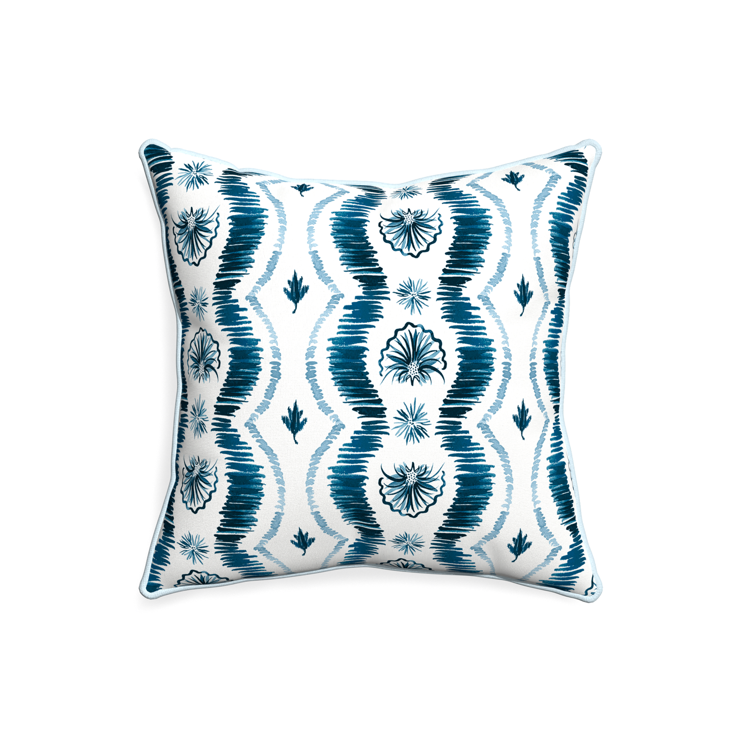 20-square alice custom blue ikatpillow with powder piping on white background