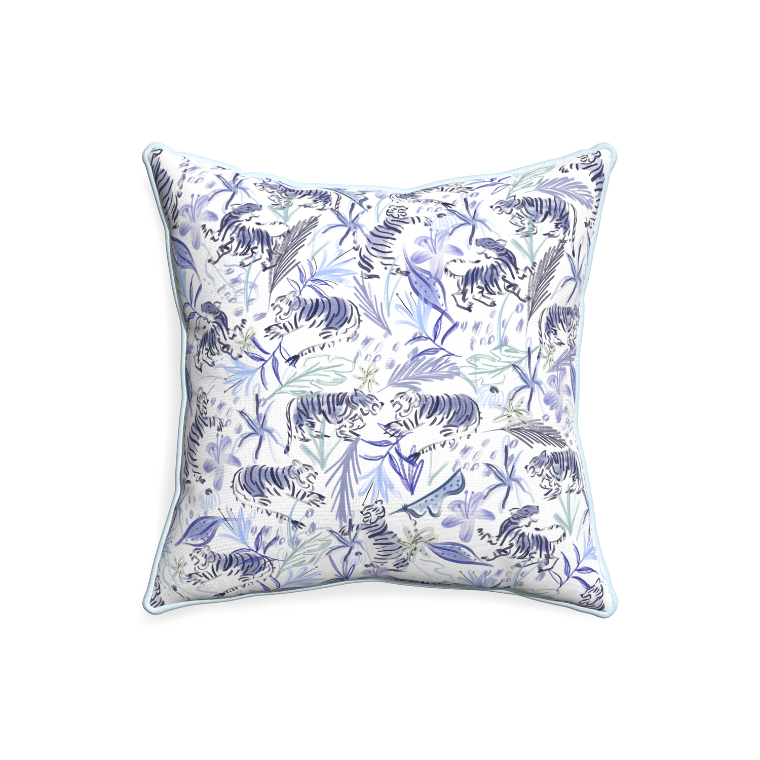 20-square frida blue custom blue with intricate tiger designpillow with powder piping on white background