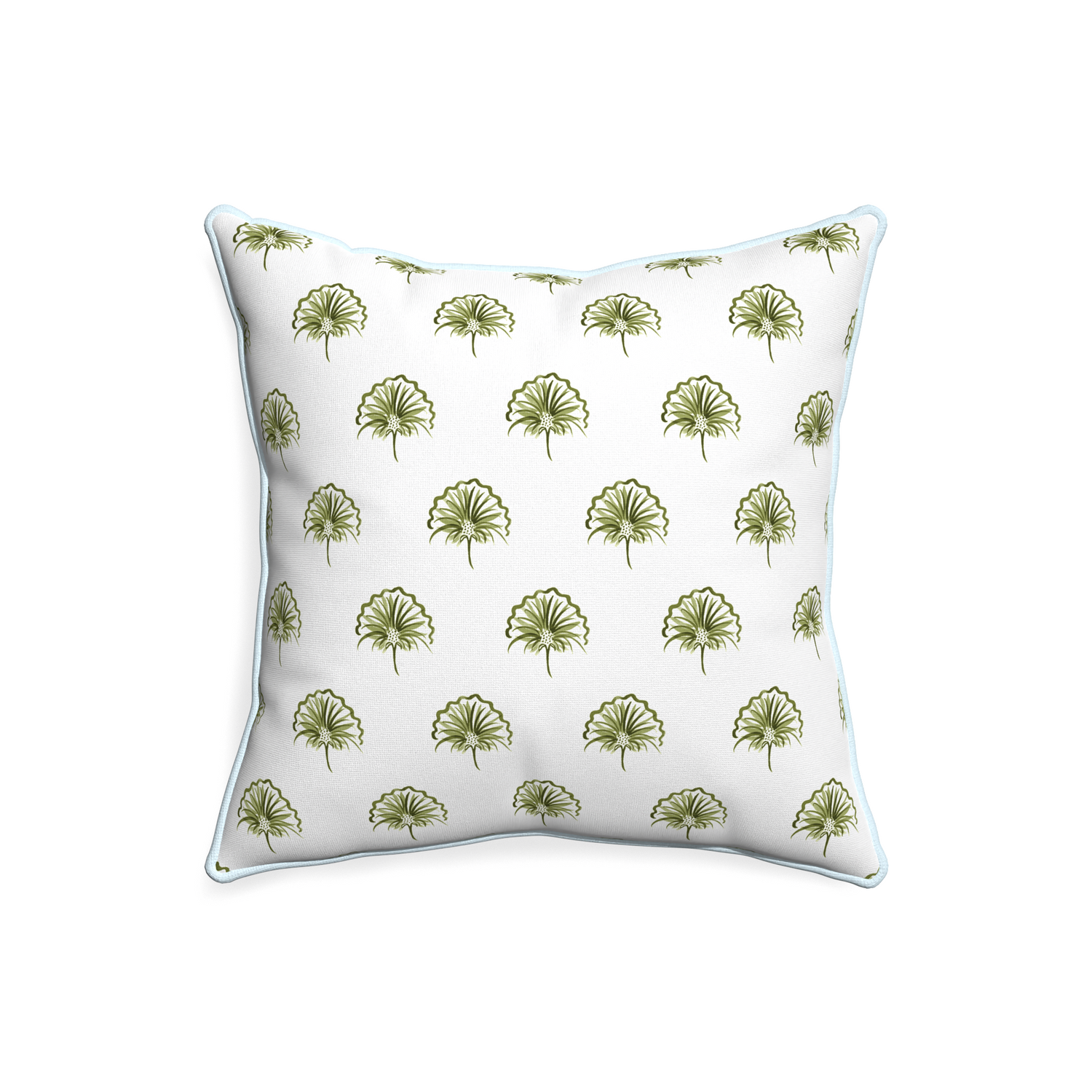 20-square penelope moss custom green floralpillow with powder piping on white background