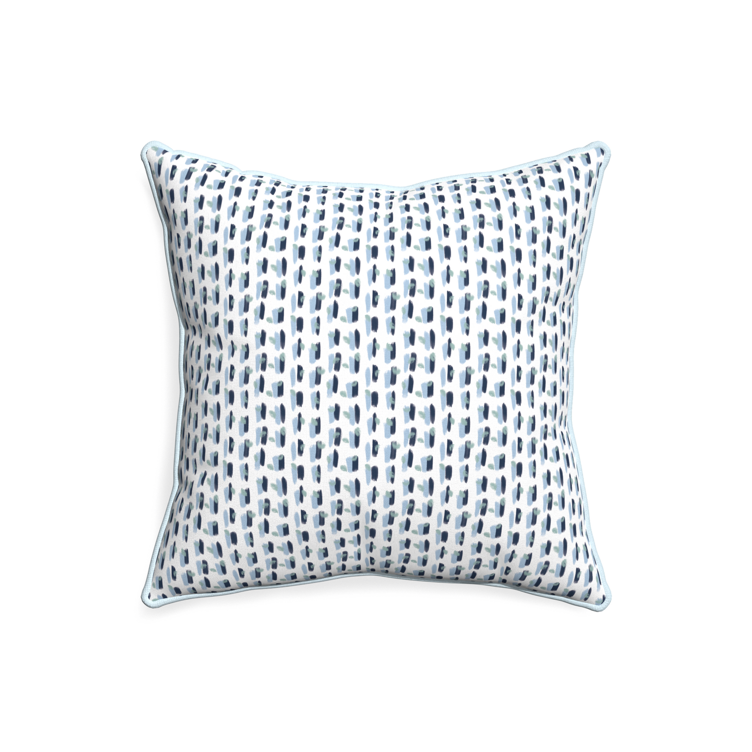 20-square poppy blue custom pillow with powder piping on white background