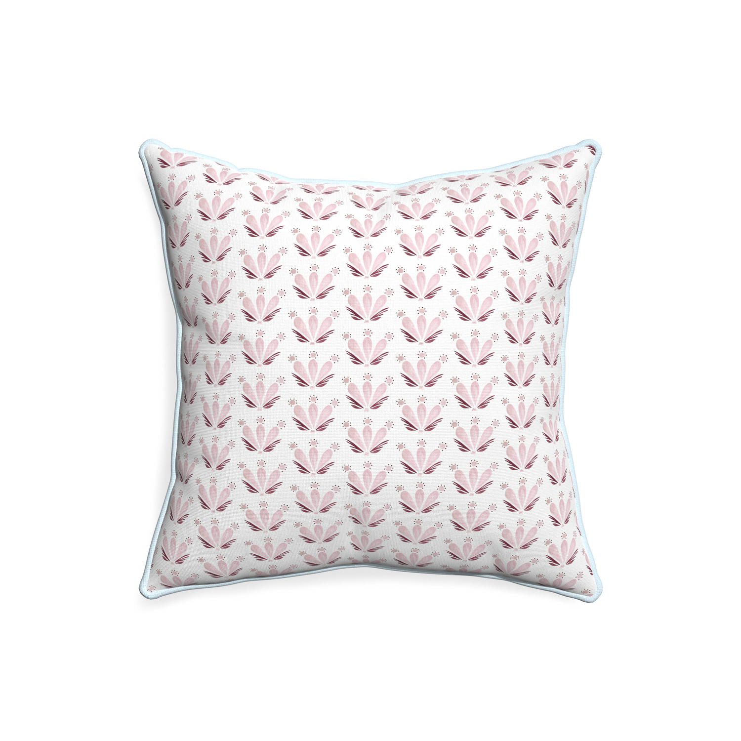 20-square serena pink custom pillow with powder piping on white background