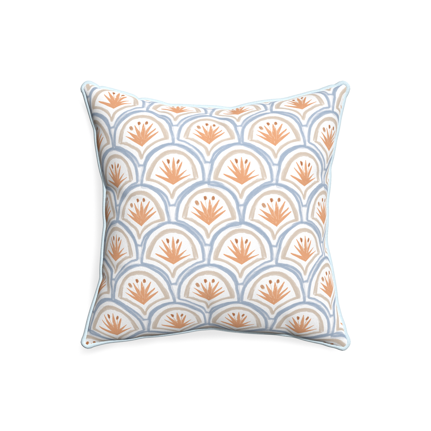 20-square thatcher apricot custom pillow with powder piping on white background