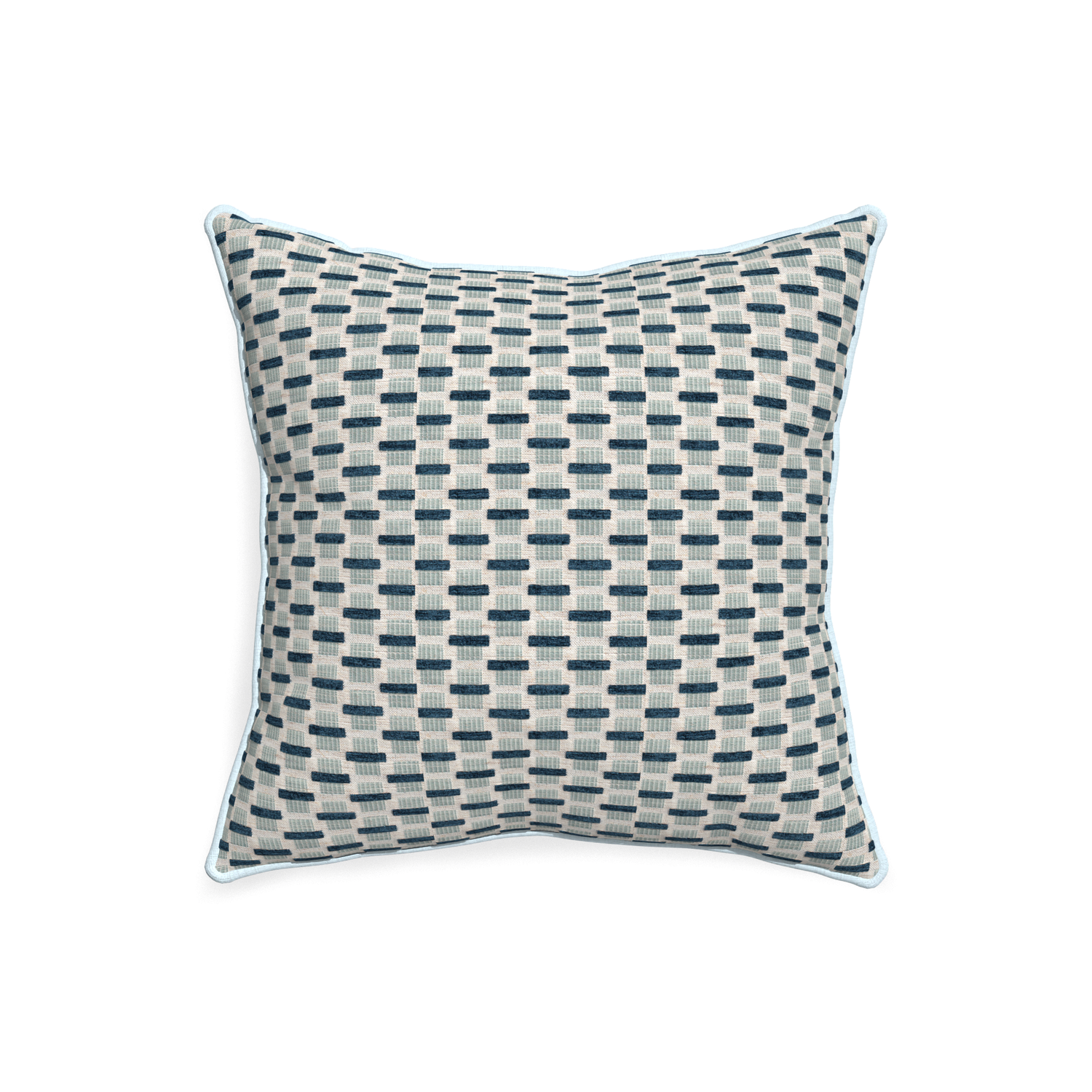 20-square willow amalfi custom blue geometric chenillepillow with powder piping on white background
