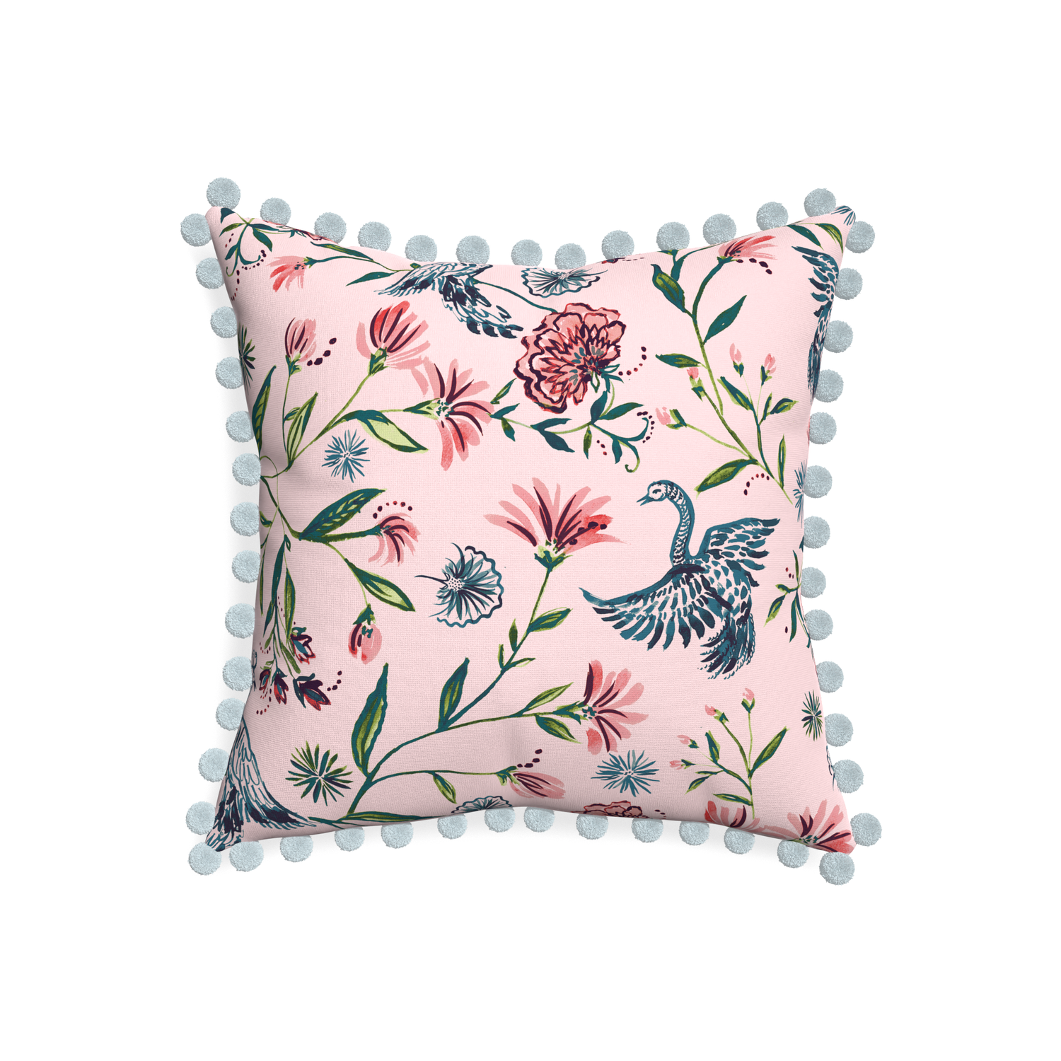 20-square daphne rose custom pillow with powder pom pom on white background