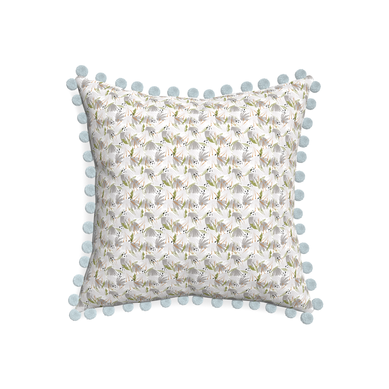 20-square eden grey custom pillow with powder pom pom on white background