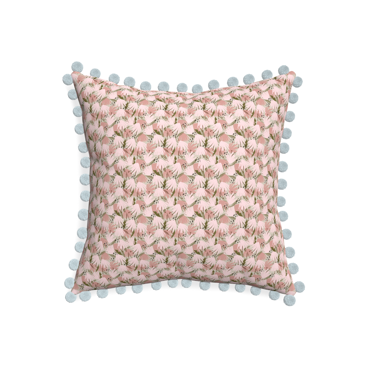 20-square eden pink custom pink floralpillow with powder pom pom on white background