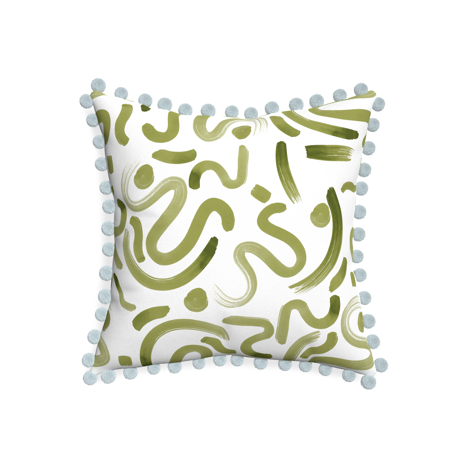 20-square hockney moss custom pillow with powder pom pom on white background
