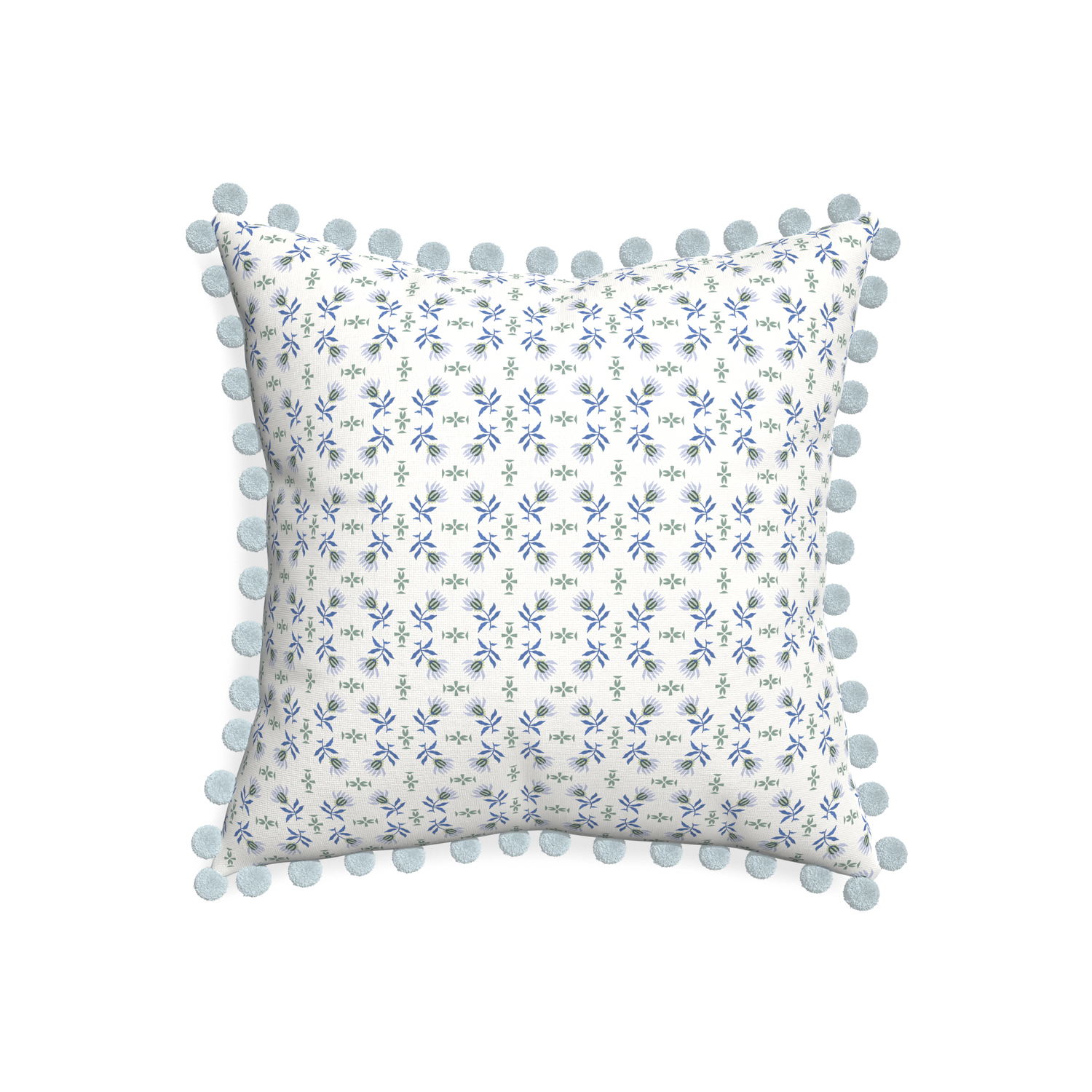 20-square lee custom blue & green floralpillow with powder pom pom on white background