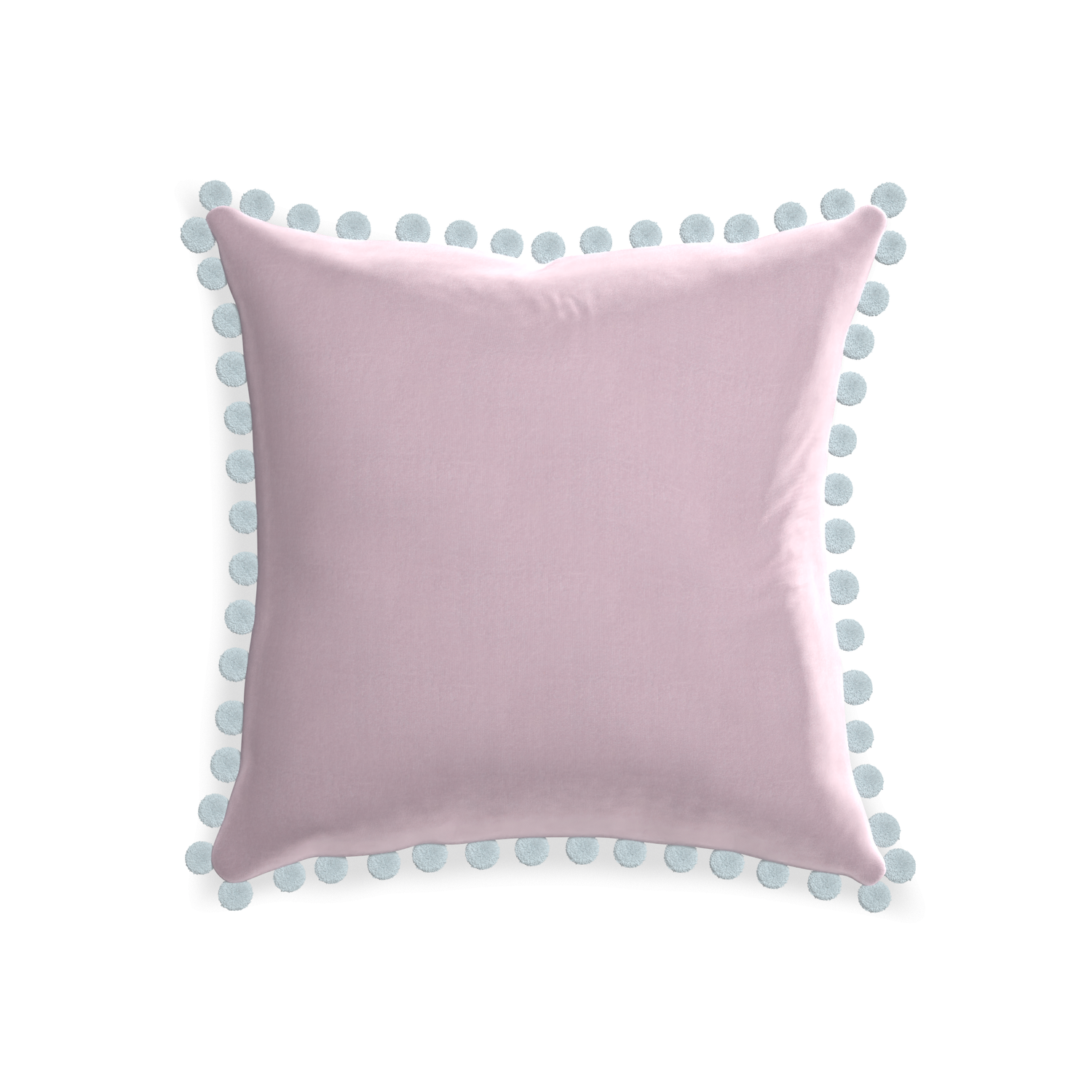 20-square lilac velvet custom pillow with powder pom pom on white background