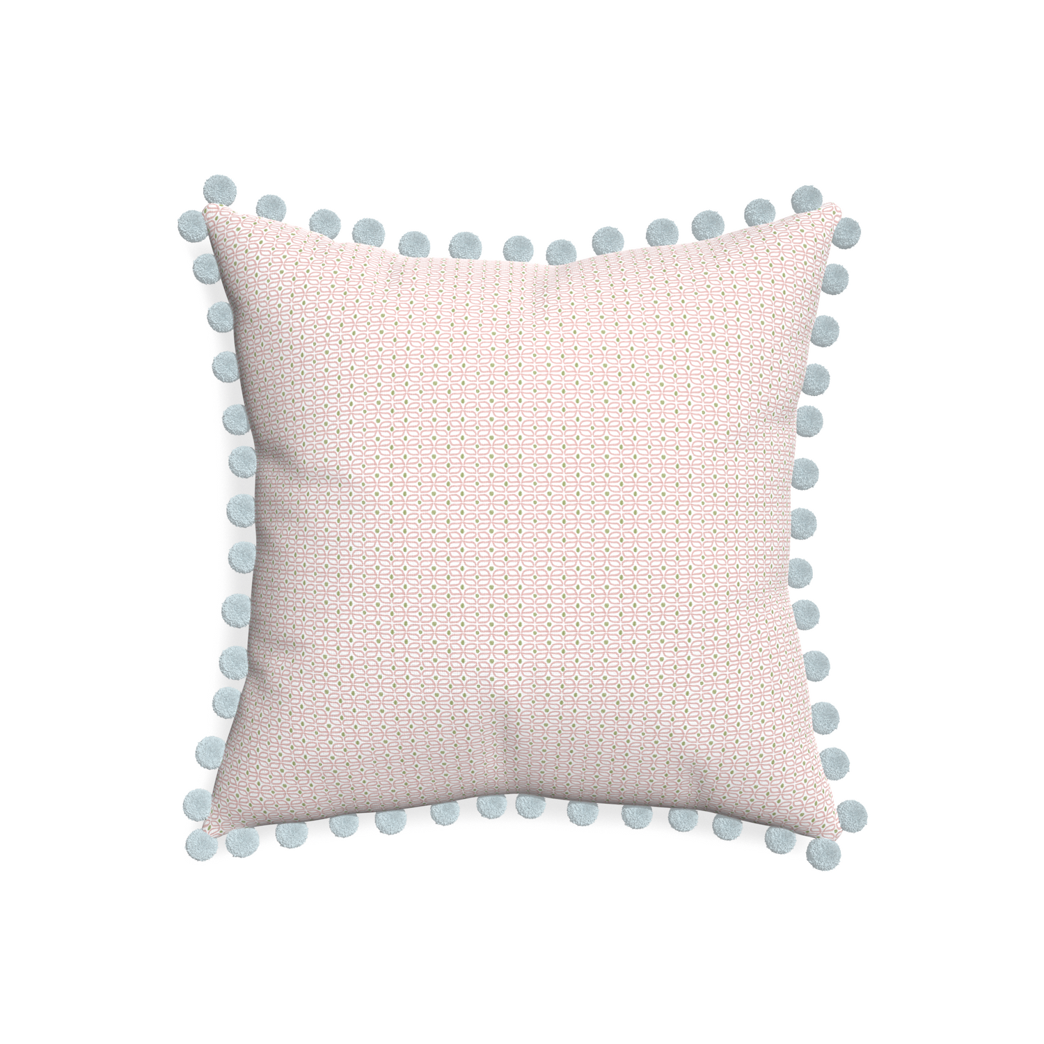 20-square loomi pink custom pillow with powder pom pom on white background