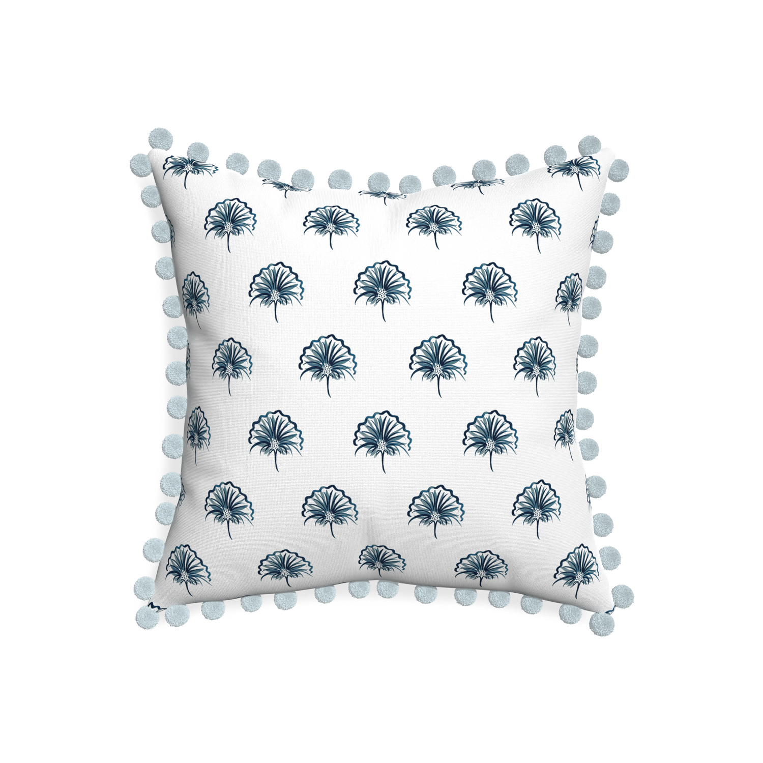 20-square penelope midnight custom floral navypillow with powder pom pom on white background
