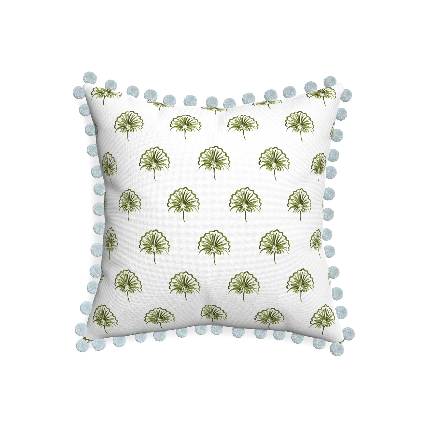 20-square penelope moss custom green floralpillow with powder pom pom on white background