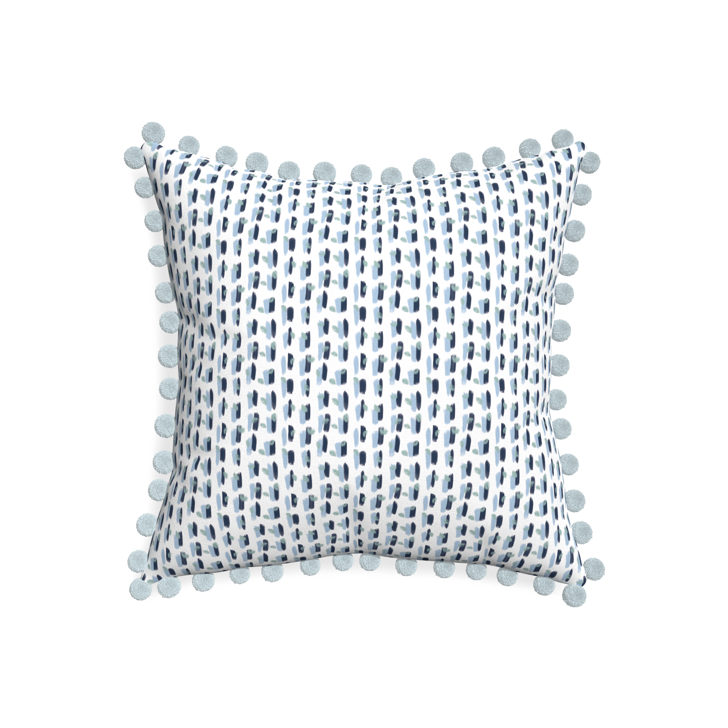 20-square poppy blue custom pillow with powder pom pom on white background