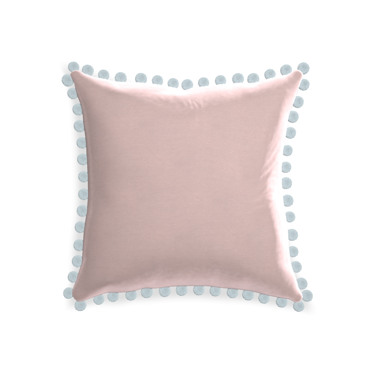 square light pink velvet pillow with light blue pom poms