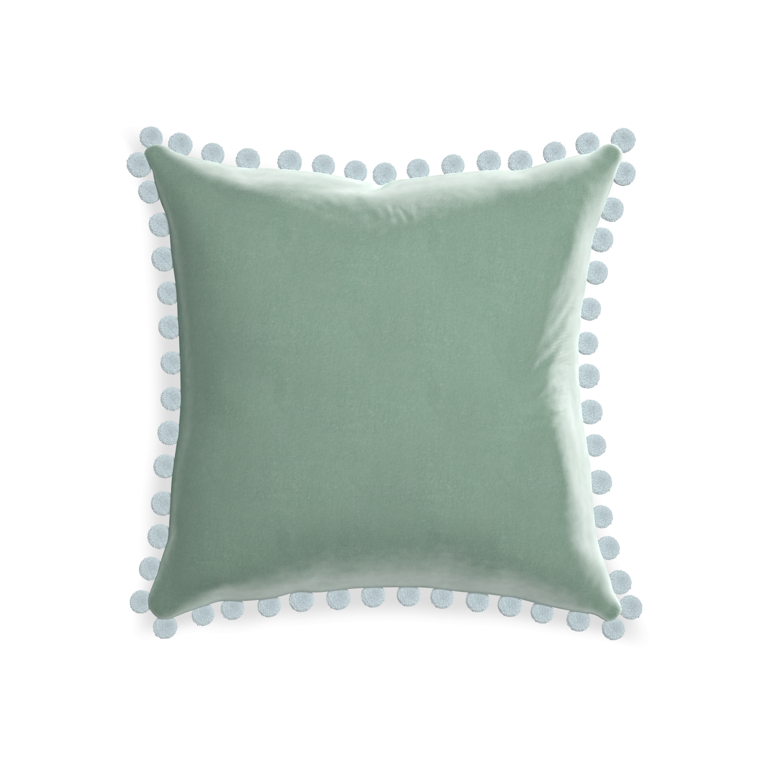 square blue green velvet pillow with light blue pom poms