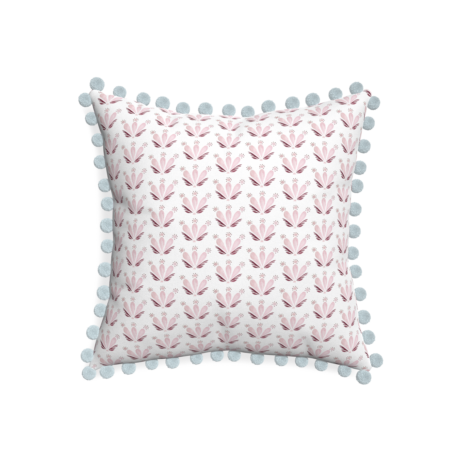 20-square serena pink custom pink & burgundy drop repeat floralpillow with powder pom pom on white background