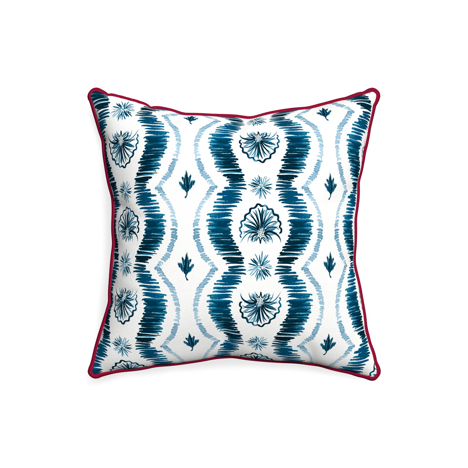 20-square alice custom blue ikatpillow with raspberry piping on white background
