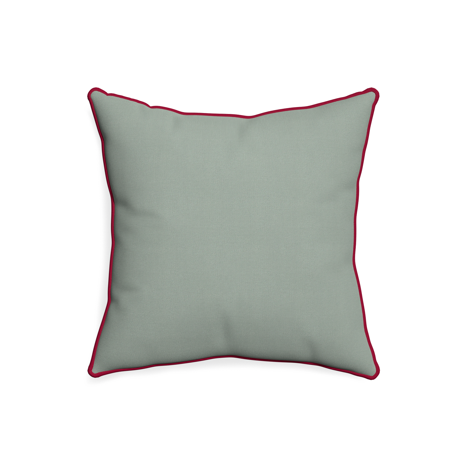 20-square sage custom pillow with raspberry piping on white background