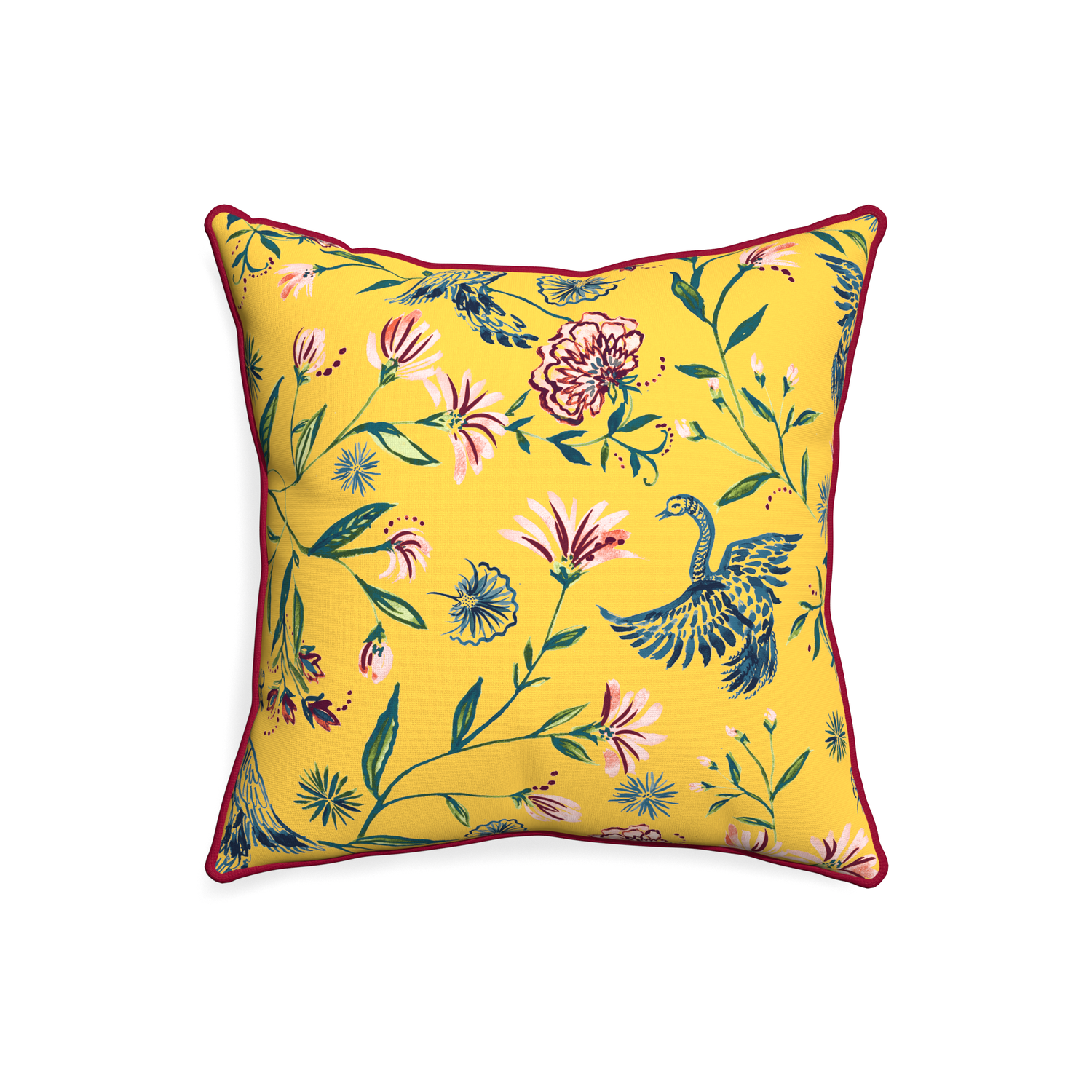 20-square daphne canary custom pillow with raspberry piping on white background
