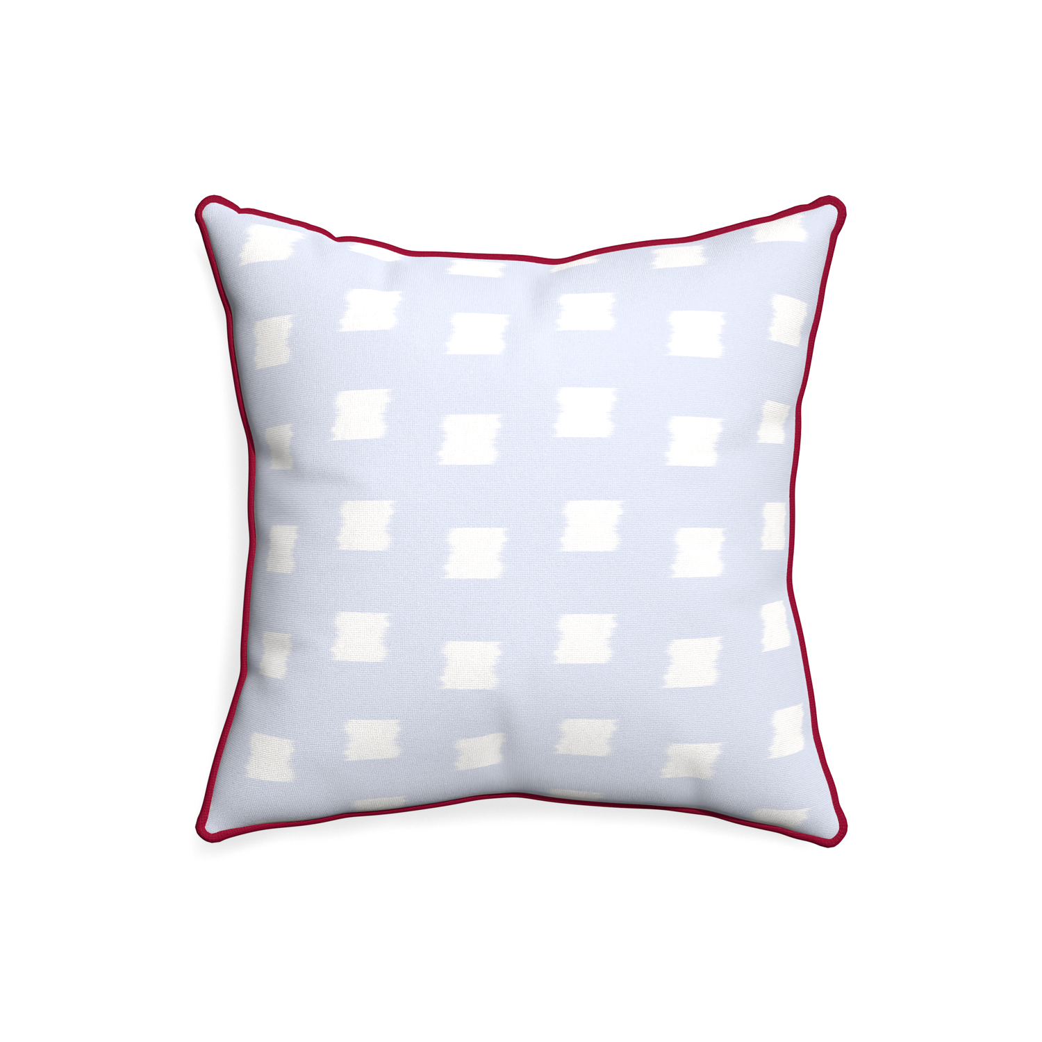 20-square denton custom pillow with raspberry piping on white background