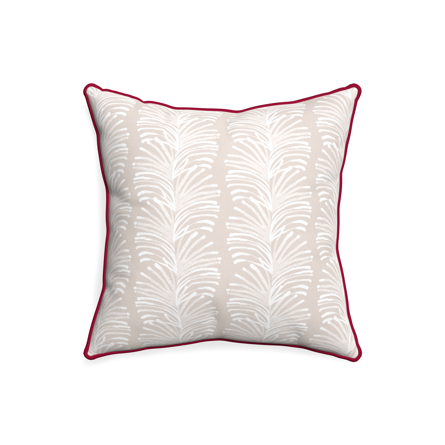 20-square emma sand custom pillow with raspberry piping on white background
